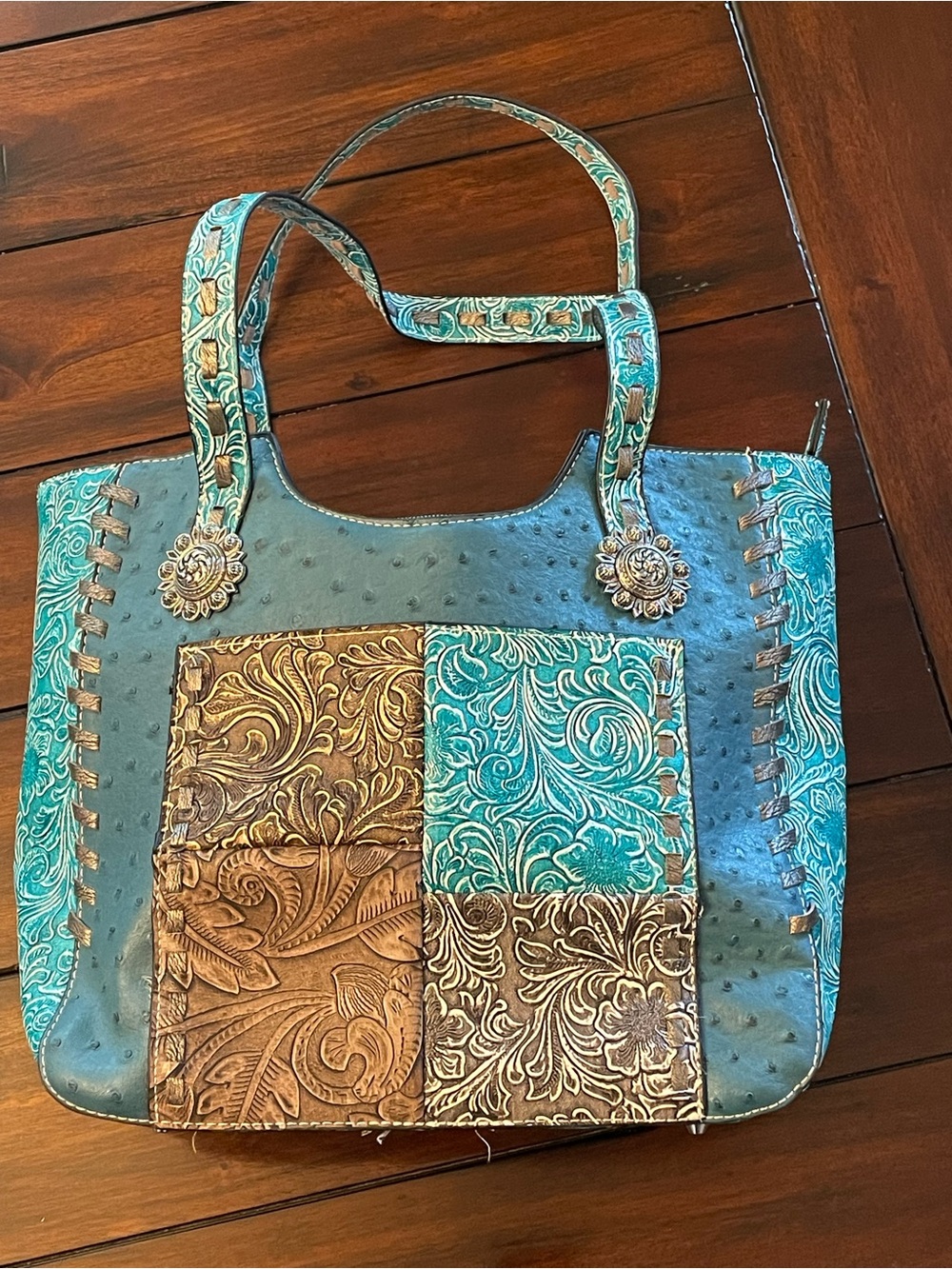 Turquoise Tooled Patchwork Leather Tote